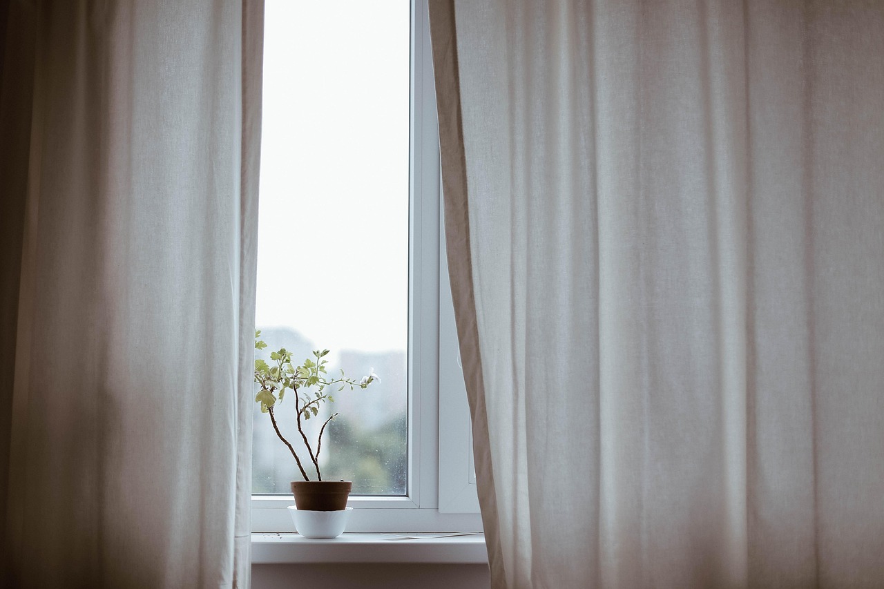 window with white curtains and a flower